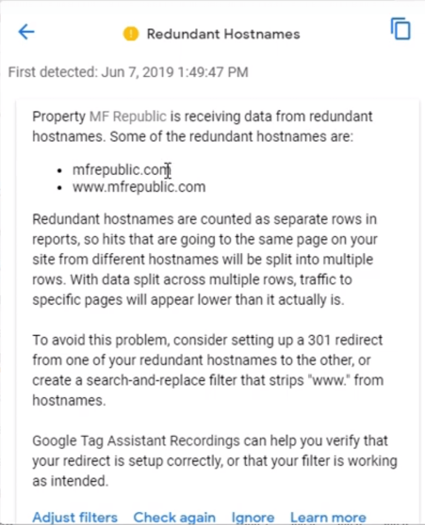 Resolve redundant hostnames. An acutal warning from Google Analytics for the site mfrepublic.com